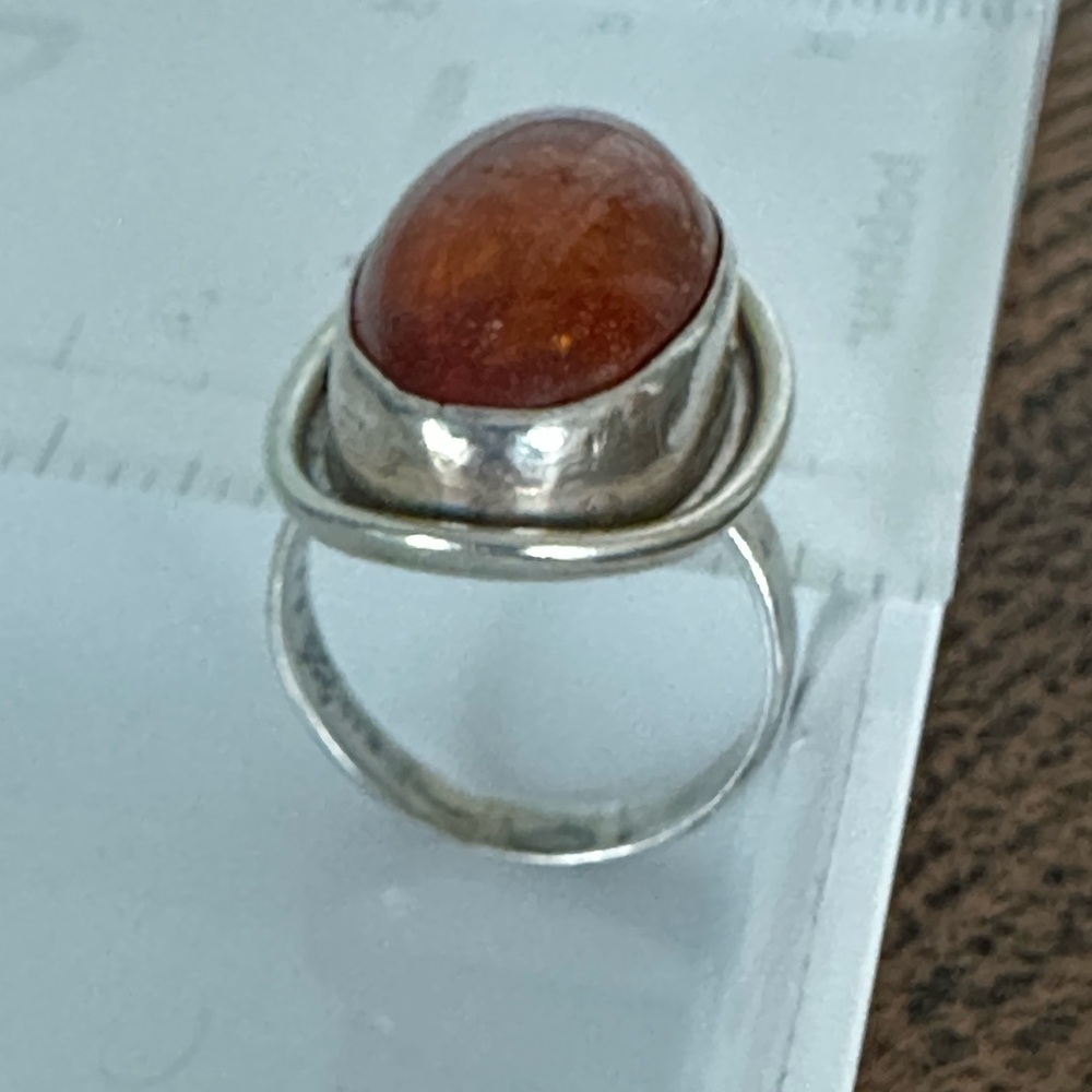 Vintage Sterling Silver Amber Ring – Large Oval Cabochon | Size 7.25